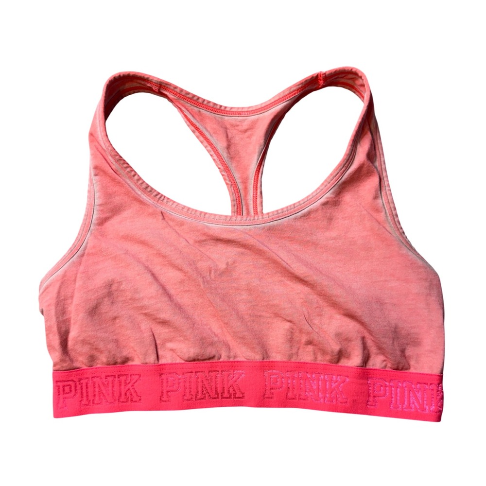 Pink Sports Bra Womens L Coral Pink Crop Racerback Elastic Logo Band Activewear